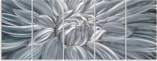 Vista 3 de Yihui Arts Arte de pared de flores de metal plateado, 5 piezas de arte de aluminio, escultura botánica contemporánea para sala de estar, dormitorio