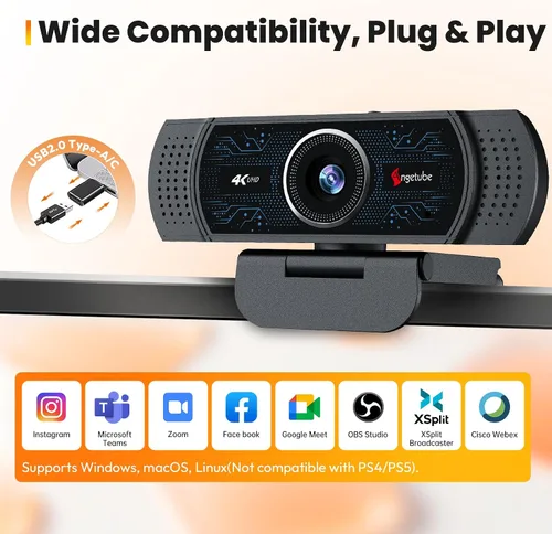 Vista 7 de Angetube Cámara web 4K para PC con micrófono, cámara web USB incorporada