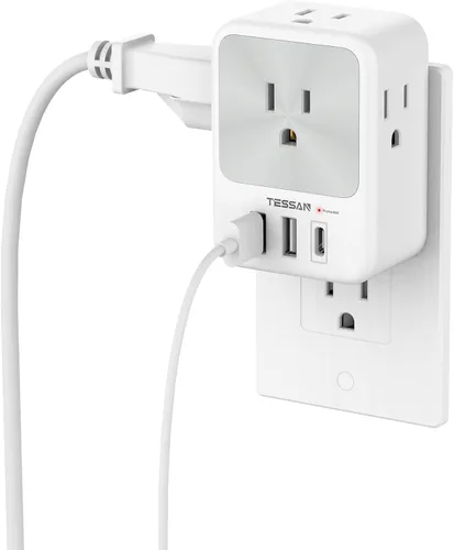 Vista 10 de Divisor de enchufe de pared múltiple, extensor de protector de sobretensión TESSAN de 4 salidas con 3 bloques de carga USB (2 USB C), expansor