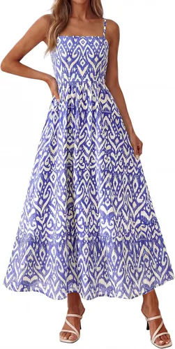 Vista 15 de PRETTYGARDEN Vestido largo de verano para mujer, con tirantes delgados, bohemio, floral, a rayas, para invitadas de boda, playa, vacaciones, vestido