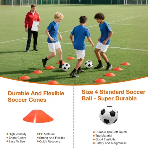 Vista 5 de Paquete de 2 porterías de fútbol portátiles de 6 x 4 pies para niños, juego de red de fútbol juvenil desplegable con pelota, conos y escalera