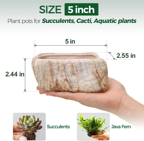 Vista 2 de T4U Maceta de cerámica para suculentas de 5.5 pulgadas con orificio de drenaje, juego de 3, caja rectangular con forma de piedra, contenedores