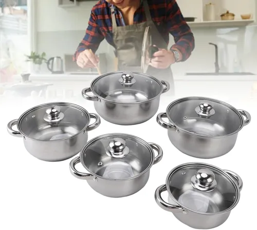 Vista 5 de Generic Juego de ollas de acero inoxidable, elegantes utensilios de cocina con mango de desgaste térmico, tapas de vidrio, base apilable, juego de 5
