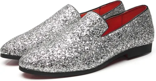 Vista 4 de Haza Pairs Pantuflas brillantes para hombre, con lentejuelas metálicas, con textura, esmoquin con purpurina, mocasines de graduación, zapatos