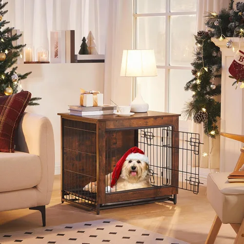 Vista 9 de Mueble de jaula para perros, perrera pequeña de 25.5 pulgadas para interiores, jaula de madera con bandeja extraíble, mesa auxiliar lateral que