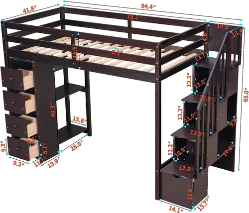 Vista 3 de Cama alta moderna con cajones de almacenamiento y escaleras, cama de madera tamaño individual con estantes y barandillas, para niños, niñas
