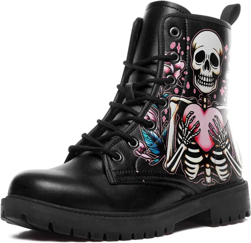 Vista 15 de Botines de combate para mujer, con estampado de corazón, botines cortos de moda con rosas y calavera, botas de trabajo duraderas con cordones
