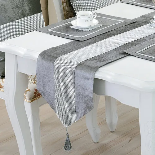 Vista 26 de Camino de mesa largo con lentejuelas y diamantes de imitación y borlas para comedor, Navidad, boda, fiesta, decoración de mesa