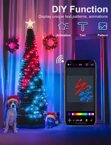 Vista 5 de Super RGB Luces inteligentes para árbol de Navidad de 6 pies, 400 LED, luces de árbol de Navidad que cambian de color con anillo y estrella