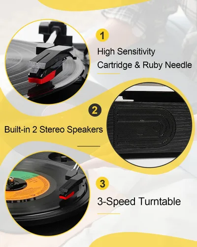 Vista 4 de Tocadiscos con altavoces integrados, control de agudos y graves, 33, 45, 78 RPM, reproductor LP impulsado por correa, tocadiscos de vinilo Bluetooth