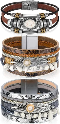 Vista 8 de Inbagi 3 piezas pulsera de turquesa para mujer pulsera de cuero joyería occidental para mujer brazalete plateado tipo pulsera