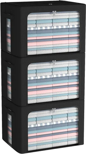 Vista 15 de Paquete de 3 cajas de almacenamiento con marco, bolsas de almacenamiento de ropa, tela Oxford, plegable, apilable, juego organizador con ventana