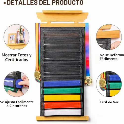 Vista 3 de Tilhumt 10/12 Belts Karate Belt Display Rack with Photo Shelf, Felt Taekwondo Belt Display Rack Martial Arts Belt Display for Adults TKD, BJJ