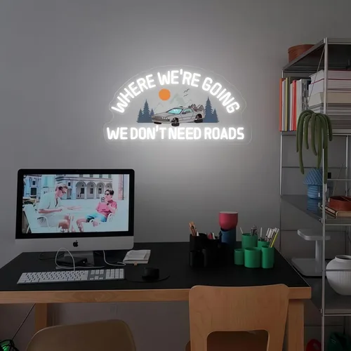Vista 7 de Letrero de neón personalizado con texto en inglés «Where We're Going We Don't Need Roads», neón LED retro para decoración de pared, USB regulable