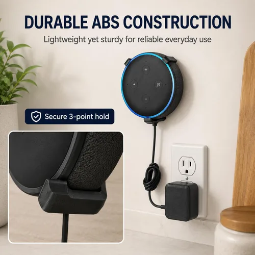 Vista 6 de Soporte de pared para Amazon Echo Dot – Percha de enchufe que ahorra espacio No requiere taladrar Gestión de cables integrada Soporte