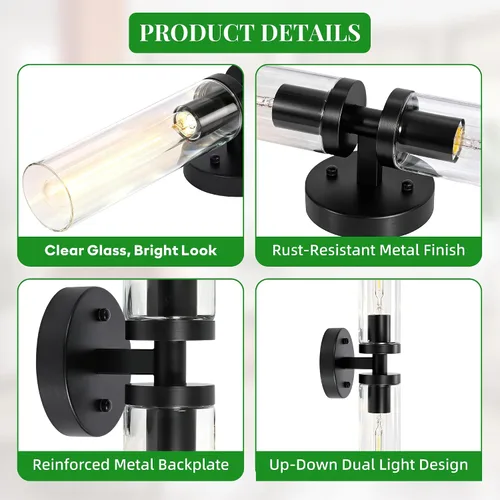 Vista 5 de Juego de 2 apliques de pared, lámparas de baño cableadas, iluminación de pared moderna para tocador de baño con pantalla de vidrio transparente