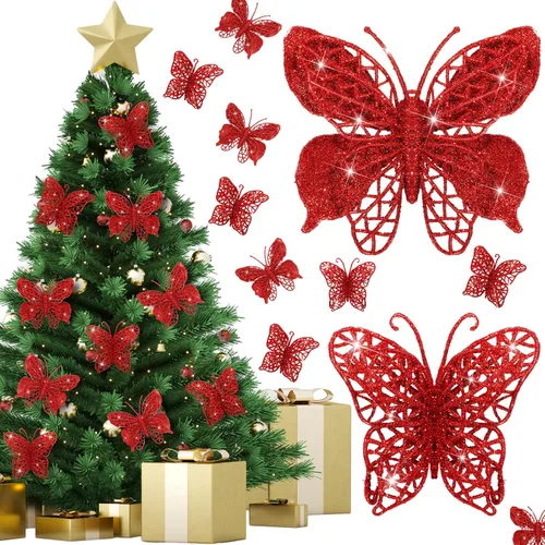 Vista 7 de Liliful 32 piezas de adorno de mariposa de purpurina navideña con clip, mariposa hueca, decoración de Navidad artificial, adorno colgante con clip