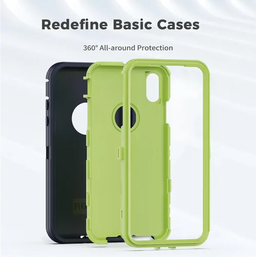 Vista 6 de Funda protectora resistente para iPhone XR, con 3 capas, de goma resistente a prueba de golpes, para iPhone XR de 6.1 pulgadas (azul oscuro/verde)