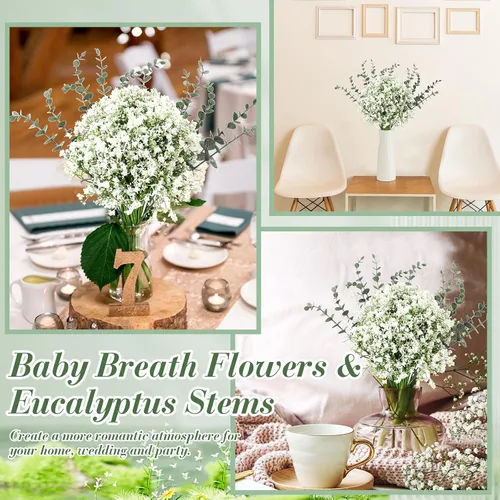 Vista 4 de Retrowavy 80 piezas de flores artificiales de aliento de bebé, flores de aliento de bebé, ramos de gypsophila con tallos de eucalipto sintético