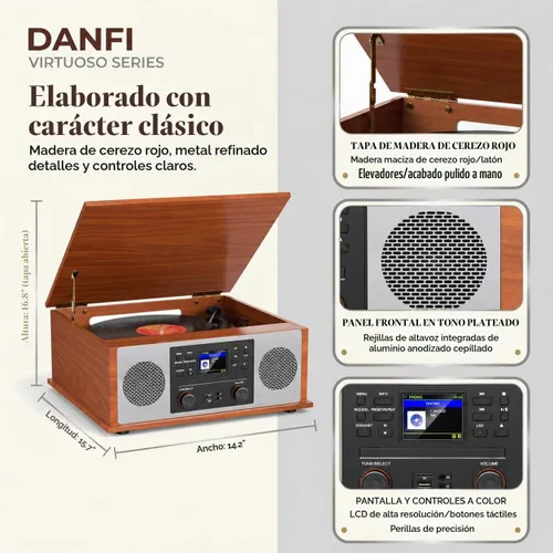 Vista 8 de Tocadiscos Bluetooth retro 10 en 1 con altavoces estéreo, tocadiscos de vinilo de 3 velocidades, reproductor de CD, reproducción y grabación USB/SD