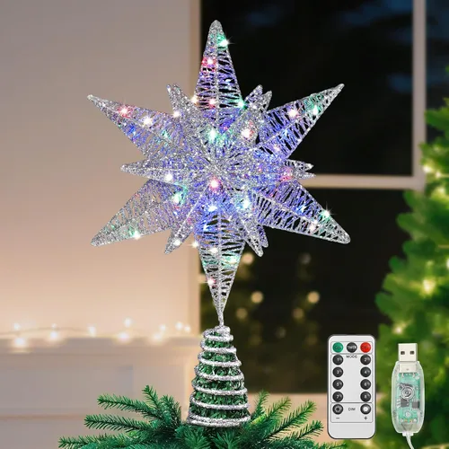 Vista 11 de Lewondr - Estrella para punta de árbol de Navidad, alimentación USB, control remoto, diseño hexagonal multicapa de 11 pulgadas, 8 modos de luz