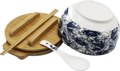 Vista 3 de XWORLD Juego de cuencos de cerámica japonesa para fideos ramen con cuchara de cerámica, palillos de bambú, tapa y salvamanteles, capacidad