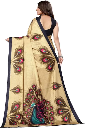 Vista 4 de Mithila Root Sari de seda con estampado de pavo real indio para mujer, estilo casual, con blusa sin coser