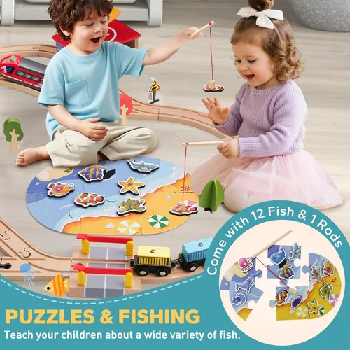 Vista 4 de Juego de tren de madera de 118 piezas, juego de tren urbano con tren eléctrico y juego de pesca, compatible con las principales marcas, regalo ideal