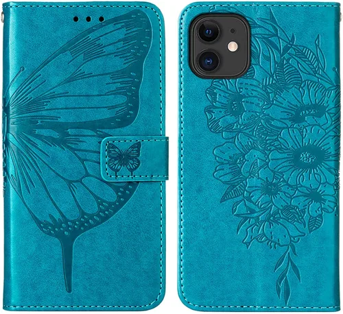 Vista 5 de Funda tipo cartera para iPhone 11, diseño de mariposas y flores (azul) Embossed PU Leather, TPU Interior, Flip Case Folio Cover, Stand, Cash