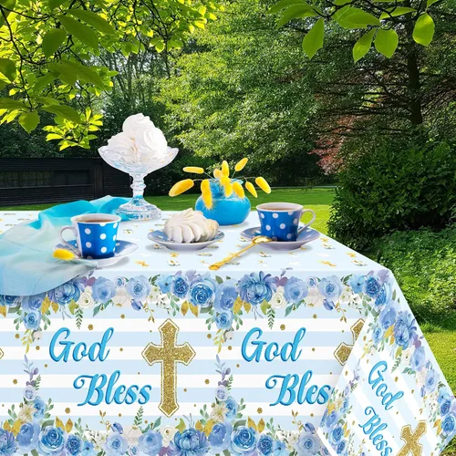 Vista 5 de Paquete de 3 manteles azules para fiesta de bautismo para bebé, decoración con temática de flores, desechables, de plástico, impermeables