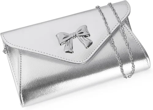 Vista 2 de Gurina Bolso de mano de noche con detalle de lazo, elegante bolsa de fiesta de piel sintética brillante con cadena desmontable para boda y baile