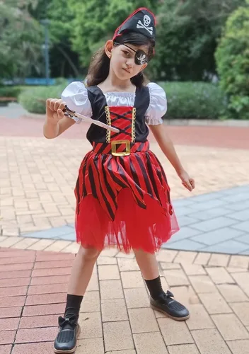 Vista 4 de KAKALVER Kids Pirate Costume for Girls Halloween Pirate Dress Up with Pirate accessories for Pirate Party Decorations Gifts