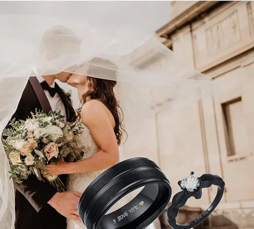 Vista 6 de Rae Zack - Anillos a juego personalizados para parejas, anillos de promesa para él y ella con 2 anillos grabados con nombre para parejas, para él