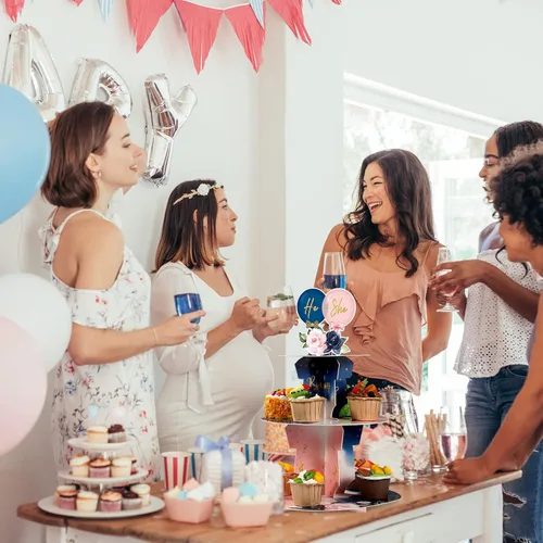 Vista 5 de Faccito Decoración de soporte para cupcakes para fiesta de revelación de género, azul y rosa de 3 niveles para baby shower, suministros de cartón