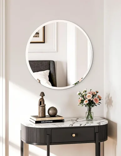 Vista 19 de Espejo de pared ovalado sin marco: Espejo decorativo elíptico de vidrio espejado para tocador con borde plateado biselado para baño, dormitorio