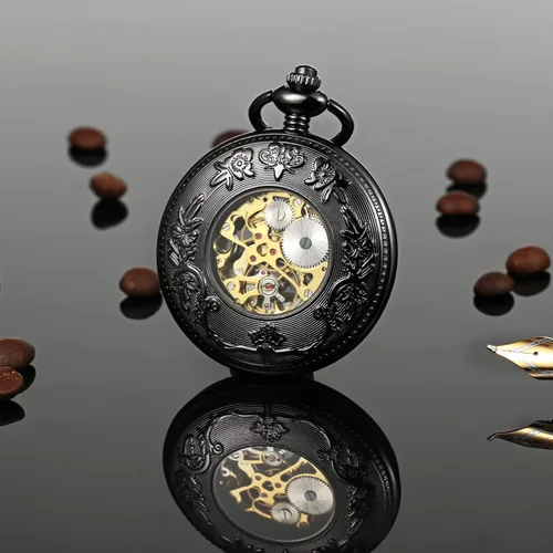 Vista 4 de Reloj de bolsillo mecánico de esqueleto para hombre, diseño de dragón fénix, caja negra con cadena + caja de regalo para hombre, Negro -, Mecánico