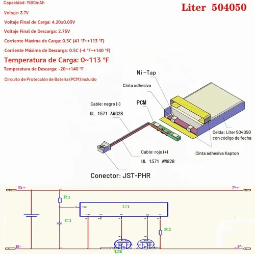 Vista 3 de Liter 3.7V 1500mAh 504050 Lipo Batería recargable de iones de polímero de litio con conector JST 0.079 in