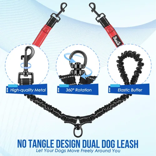 Vista 5 de SlowTon Correa doble para dos perros – Correa para perro sin enredos, correa giratoria de 360° reflectante doble para perro con dos asas acolchadas