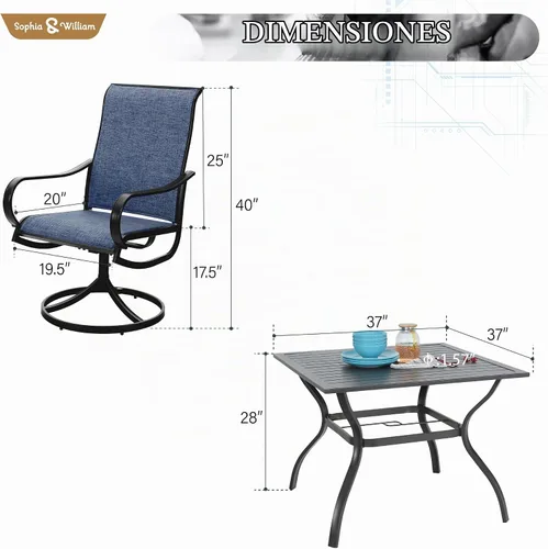Vista 7 de Sophia & William - Juego de comedor de patio para 4, mesa cuadrada y sillas giratorias azules