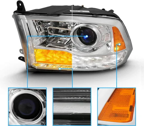 Vista 4 de AmeriLite - Conjunto de faros delanteros de repuesto para Dodge Ram 1500 2500 3500, modelos de proyector dual/cuadruple Switchback, tubo LED cromo