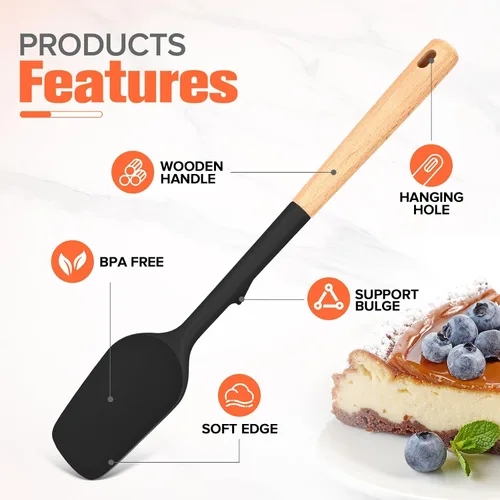 Vista 3 de Large Silicone Rubber Spatula Scrapers 14" with Long Wood Handle, 2 Pack Black