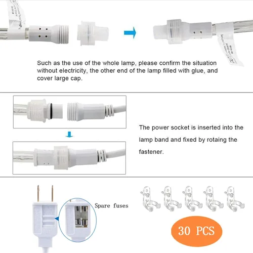 Vista 5 de Luces de cuerda LED de 100 pies para exteriores, 720 luces LED de tubo flexibles y conectables con 8 modos, iluminación LED impermeable para jardín