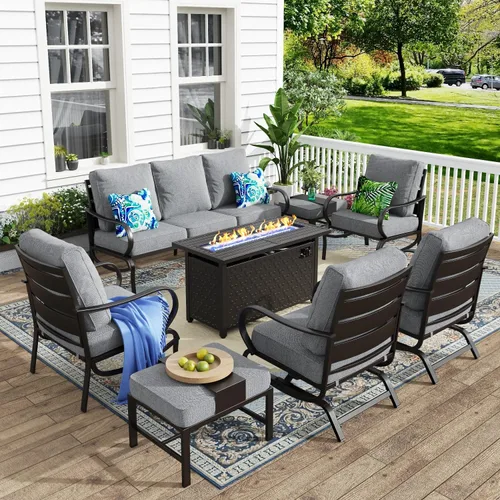 Vista 48 de MFSTUDIO Juego de 4 piezas de conversación para patio, marco de metal para todo tipo de clima, muebles de exterior con 1 mesa rectangular de propano