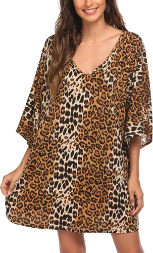 Vista 4 de Ekouaer Camisón de dormir con cuello en V profundo para mujer, camisón de murciélago de gran tamaño, tallas S-4XL