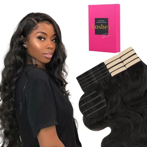 Vista 34 de Extensiones de cabello Lashey de 14 pulgadas; extensiones de cabello humano real lacio color negro azabache con trama adhesiva para mujeres, 20