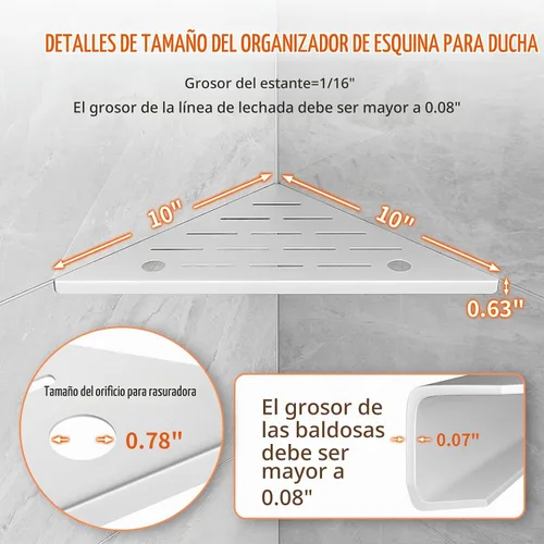 Vista 2 de Estante esquinero de ducha de azulejos, estantes de ducha con lechada para pared de azulejos de 10 pulgadas, paquete de 2 5-blanco
