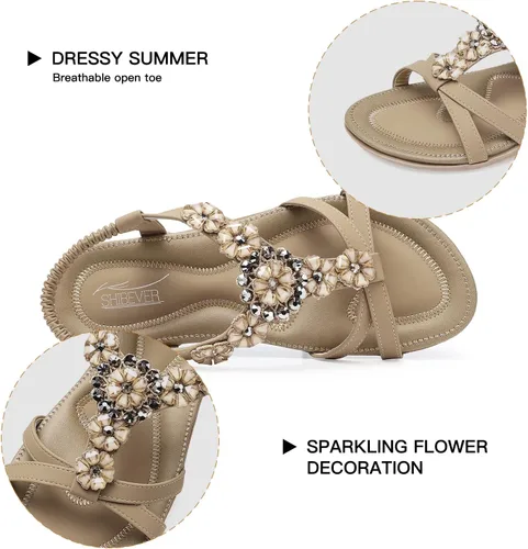 Vista 3 de SHIBEVER - Sandalias planas para mujer, lindas y cómodas, con correa de tobillo, estilo bohemio, elegante, zapatos planos de verano