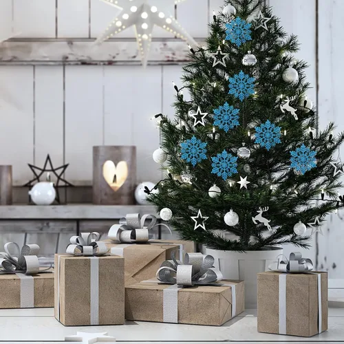 Vista 3 de Paquete de 30 adornos de copo de nieve con purpurina azul, decoraciones de plástico para árbol de Navidad para el país de las maravillas