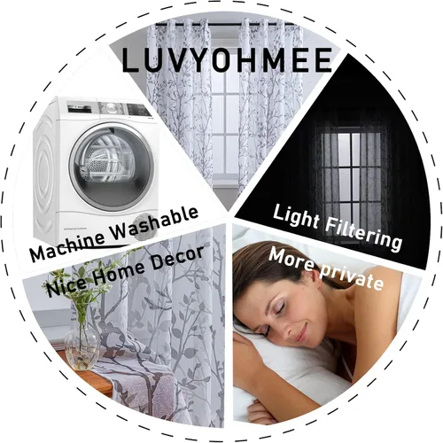 Vista 8 de Luvyohmee - Cortinas blancas y grises de 63 pulgadas de largo, 2 paneles, cortinas semi transparentes para ventanas para sala de estar/dormitorio
