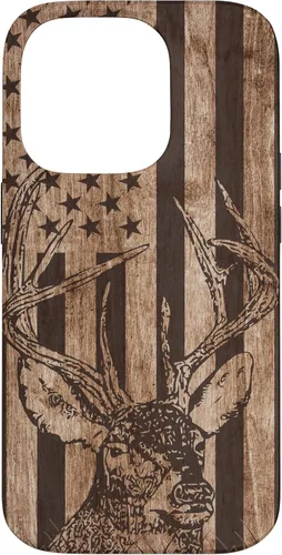 Vista 17 de Funda de madera para iPhone 16 con diseño de ciervo de cola blanca para caza cazador de bandera estadounidense